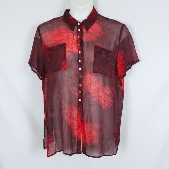 ZAPA Burgundy Sheer Button Up Blouse Womens Large? Artsy Whimsigoth Indie - Picture 6 of 9